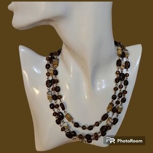 VTG ICING Brown Lampwork Glass Beaded Long Chain Necklace